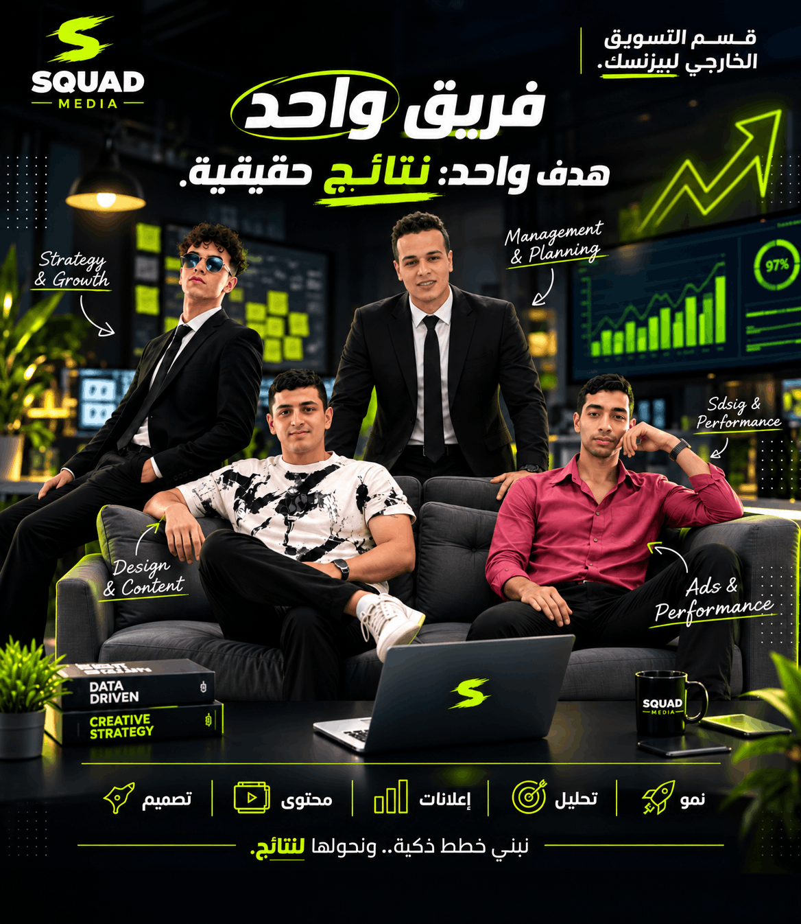 فريق SQUAD MEDIA: استراتيجية ونمو، إدارة وتخطيط، تصميم ومحتوى، وإعلانات وأداء